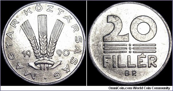 Hungary - 20 Filler - 1990 - Weight 0,95 gr - Aluminium - Size 20,3 mm - Thickness 1,35 mm - Alignment Medal (0°) - Designer / Reményi József - Mintmark BP = Budapest - Edge : Reeded - Mintage 59 360 000 - Reference KM# 676 (1990-96) 