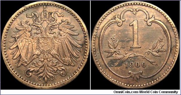 Austria - 1 Heller - 1900 - Weight 1,67 gr - Bronze - Size 17 mm - Thickness 0,9 mm - Alignment Medal (0°) - Emperor / Franz Joseph I (1848-1916) - Edge : Smooth - Mintage 26 981 000 - Reference KM# 2800 (1892-1916)