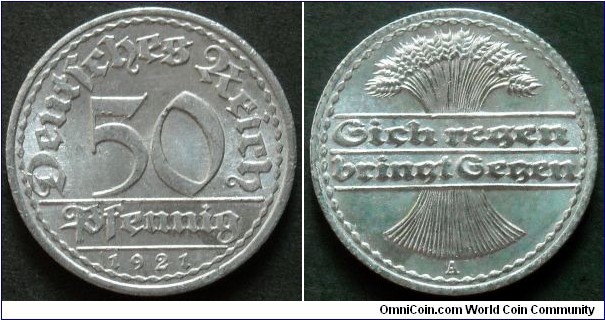 Germany (Weimar Republic) 50 pfennig. 1921, Mintmark 