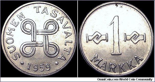 Finland - 1 Markka - 1959 - Weight 1,15 gr - Nickel plated iron - Size 16 mm - Thickness 1,0 mm - Alignment Medal (0°) - President / Urho Kekkonen (1956-81) - Designer / Peippo Uolevi Helle - Edge : Smooth - Mintage 23 920 000 - Reference KM# 36a (1953-62)