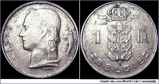 Belgium - 1 Frank - 1970 - Weight 4,0 tgr - Copper-Nickel - Size 21 mm - Alignment Coin (180°) - Ruler / Baudouin I (1951-93) - Designer / Marcel Rau - Mint / The Royal Belgian Mint. Brussels - Note / Legend in Dutch 'BELGIE' - Edge _ Reeded - Mintage 35 730 000 - Reference KM# 143.1 (1950-88)