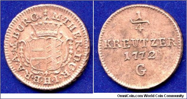 1/4 kreuzer.
Burgau.
Maria Theresia (1745-1780) Empress of Holy Roman Empire.
*G* - Günzburg mint.


Cu.
