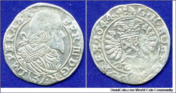3 kreuzer.
Bohemian Arm.
Ferdinand III (1627-1657) Emperor of Holy Roman Empire.
Prague mint.


Ag414f. 1,74gr.