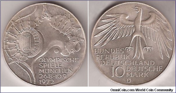 KM# 133 10 MARK
15.5000 g., 0.6250 Silver 0.3114 oz. ASW, 33 mm.
Series: Munich Olympics Obv: Stadium - aerial view Edge: FORTIVS CITIVS ALTIVS
Rev: Eagle above denomination
