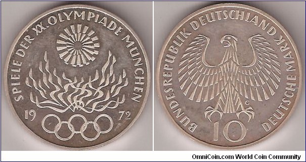 KM# 135 10 MARK
15.5000 g., 0.6250 Silver 0.3114 oz. ASW, 33 mm.
Series: Munich Olympics Rev: Eagle above denomination
Obv: Olympic Flame, spiral symbol above, rings divide date below
Edge: FORTIVS CITIVS ALTIVS