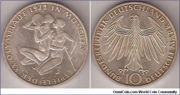 KM# 132 10 MARK
15.5000 g., 0.6250 Silver 0.3114 oz. ASW, 33 mm.
Series: Munich Olympics 
Obv: Athletes kneeling Edge: FORTIVS CITIVS ALTIVS
Rev: Eagle above denomination
