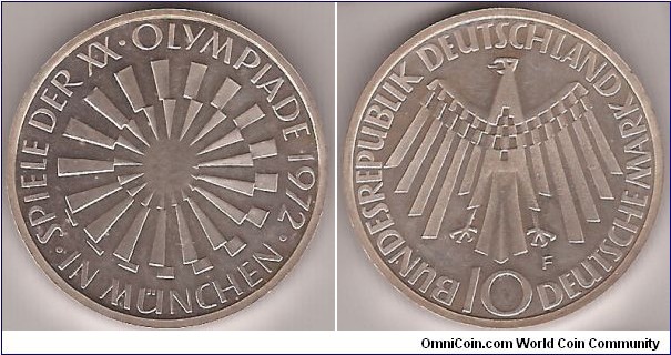 KM# 134.1 10 MARK
15.5000 g., 0.6250 Silver 0.3114 oz. ASW, 33 mm.   Series: 
Munich Olympics rev: Eagle above denomination Obv: “In 
Munchen” - with spiral symbol Edge: Lettering separated by 
periods Edge: FORTIVS CITIVS ALTIVS