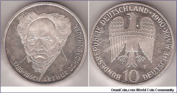 KM# 168 10 MARK
15.5000 g., 0.6250 Silver 0.3114 oz. ASW, 33 mm.
Subject: 200th Anniversary - Birth of Arthur Schopenhauer
Rev: Eagle above denomination Obv: Head facing, dates below 
left Edge: DIE WELT ALS WILLE UND VORSTELLUNG