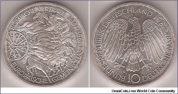 KM# 167 10 MARK
15.5000 g., 0.6250 Silver 0.3114 oz. ASW, 33 mm.   Subject: 30
Years of European Unity Rev: Eagle above denomination Obv:Horses pulling 30 year symbol, dates at right Edge: ADENAUER
. BECH . DE GASPERI . LUNS . SCHUMANN . SPAAK .