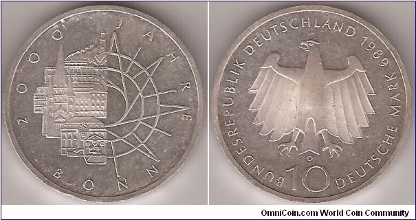 KM# 172 10 MARK
15.5000 g., 0.6250 Silver 0.3114 oz. ASW, 33 mm.
Subject: 2000th Anniversary - City of Bonn Rev: Eagle above 
denomination Obv: Building left of sun design