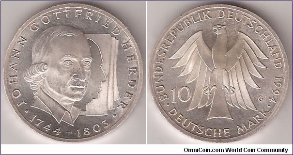 KM# 184 10 MARK
15.5000 g., 0.6250 Silver 0.3114 oz. ASW, 33 mm.
Subject: 250th Birth Anniversary- Johann Gottfried Herder
Rev: Eagle, denomination at left and below Obv: Head looking 
right, shadow head behind