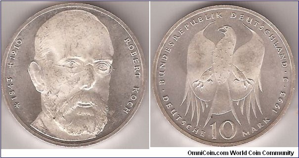 KM# 181 10 MARK
15.5000 g., 0.6250 Silver 0.3114 oz. ASW, 33 mm.
Subject: 150th Birth Anniversary of Robert Koch Rev: Eagle 
above denomination Obv: Head 3/4 facing