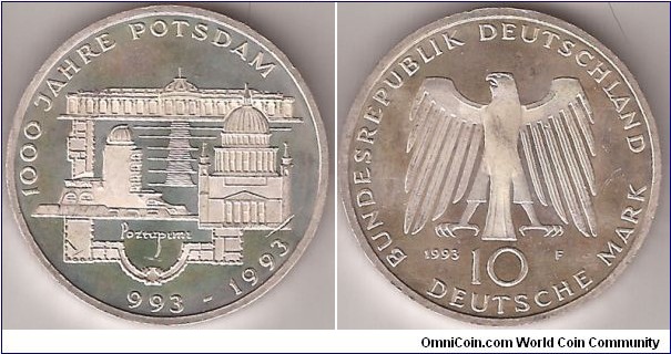 KM# 180 10 MARK
15.5000 g., 0.6250 Silver 0.3114 oz. ASW, 33 mm.
Subject: 1000th Anniversary - Potsdam Rev: Eagle above 
denomination, date at left Obv: Palace of Sanssouci and 
Nicolai Church