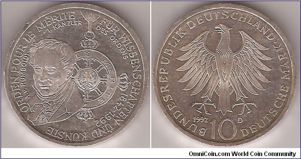 KM# 179 10 MARK
15.5000 g., 0.6250 Silver 0.3114 oz. ASW, 33 mm.
Subject: 150th Anniversary - Civil Pour-le-Merite Order
Obv: Alexander von Humbolt, 1st chancellor of the Order
rev: Eagle above denomination, date at left 