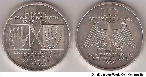 KM# 187 10 MARK
15.5000 g., 0.6250 Silver 0.3114 oz. ASW, 33 mm.    Subject: 150th 
Birth Anniversary - Wilhelm Conrad Rontgen; 100th Anniversary of 
x-ray Obv: Hand and X-rayed hand ,rev: Eagle divides date and denomination Edge: ERSTER NOBEL PREIS FUER PHYSIK