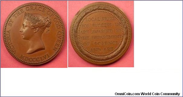 1865 UK Local Prize. Department for Svccess in Art Awarded by Dept of Science & Art Medal by W. Wyon. AE 45MM
