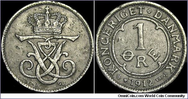 Denmark - 1 Öre - 1912 - Weight 2,0 gr - Bronze - Size 16 mm - Thickness 1,4 mm - Alignment Medal (0°) - Ruler / King Frederik VIII (1906-12) - Mintmark Heart = Kopenhagen / Denmark - Edge : Smooth - Mintage 3 006 000 - Reference KM# 804 (1907-12)