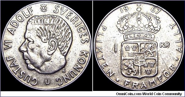 Sweden - 1 Krona - 1967 - Weight 7,0 gr - Silvercoin Ag 0,400 - 0,0900 Troy Ounce - Size 25 mm - Thickness 1,84 mm - Alignment Medal (0°) - Ruler / Gustaf VI Adolf (1950-73) - Engraver / Léo Holmgren - Mint / Eskilstuna. Sweden - Edge : Reeded - Mintage 17 234 500 - Reference KM# 826 (1952-68)