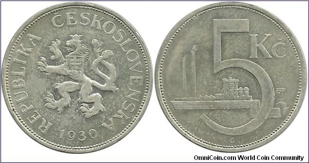 Ceskoslovenska 5 C Korun 1930 (.500 Silver)