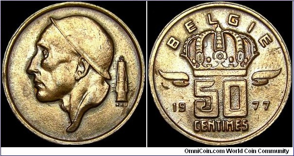 Belgium - 50 Centimes - 1977 - Weight 2,75 gr - Bronze - Size 19 mm - Thickness 1,21 mm - Alignment Coin (180°) - Ruler / Baudouin I (1951-93) - Designer / Marcel Rau - Mint / The Royal Belgian Mint / Brussels - Legend in Dutch - 'BELGIE' - Edge : Smooth - Mintage 13 000 000 - Reference KM# 149.1 (1953-2001)