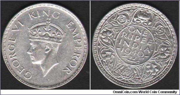 BRITISH INDIA - 1940 - ONE RUPEE SILVER COIN - KING GEORGE VI