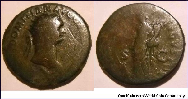 DOMITIAN
A.D. 81-96 	Æ As. Rev. MONETA AVGVSTI S C, Moneta standing left holding scales and cornucopiae. 10.8gm 27mm RIC 408, RCV 2807 var