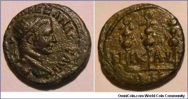 SEVERUS ALEXANDER 	BITHYNIA, NICAEA, Æ 20, Obv. ....... ΑΛΕΞΑΝΔΡΟC ΑΥΓ, Radiate bust right. Rev. ΝΙΚΑΙΕ/ΩΝ, Three standards.