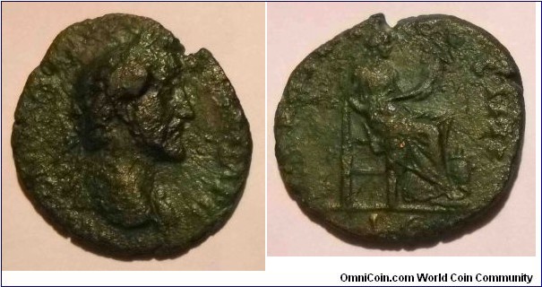 ANTONINUS PIUS
A.D. 138-161 	Æ As. Obv. ANTONI(NVS PIVS AVG PIVS P P) IMP II, Laureate head right, drapery on left shoulder. Rev. TR POT XIX COS (IIII) S C, Annona seated right holding cornucopiae in both hands. 9.5gm 27mm RIC 956