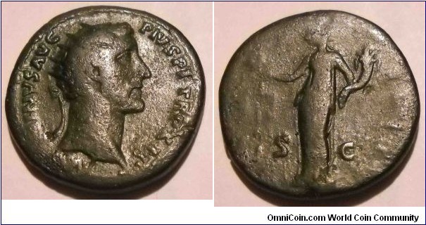 ANTONINUS PIUS
A.D. 138-161 	Æ Dupondius. Rev. (FIDES EXERC) COS IIII S C, Fides standing left holding two standards. 10.2gm 24mm RIC 949