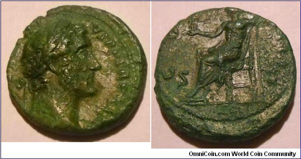 ANTONINUS PIUS
A.D. 138-161 	Æ As. Obv. (ANTONINVS AVG) PIVS P P TR P XIX, Laureate head right. Rev. COS IIII S C, Jupiter seated left holding Victory and sceptre. 10.1gm 25mm RIC 954a GF