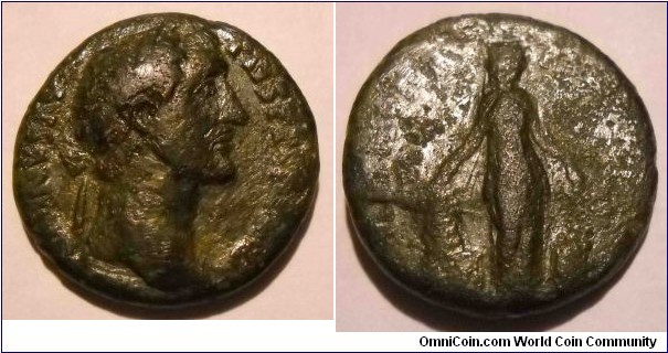 ANTONINUS PIUS
A.D. 138-161 	Æ As. Rev. ANNONA (AVG COS IIII) S C, Annona standing facing, head right, resting hand on modius set on base and holding branch, basket at feet. 24mm, 11.3gm, RCV 4294, RIC 921