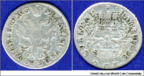2 schilling.
Free City Hamburg.
Option with a year under the feet of an eagle on the obverse.
*OHK* - mintmaster Otto Henrich Knorre, work in 1761-1805.


Ag437f. 1,96gr.