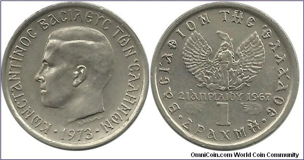 GreeceKingdom 1 Drahmi 1973-small head & large rim - PhoenixSoldier