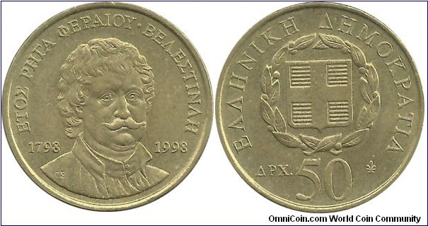 GreeceRepublic 50 Drahmes 1998-Rigas Feraios 200th year