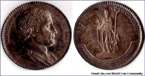 Another scarce and high grade silver jeton minted (circa 1804/5) for the guild of Master Bakers of Paris during the Napoleonic era. Obverse, bust of Napoleon as Emperor and King. Reverse, nimbate St Honore, patron saint of Bakers. This variant does not have the engravers signature under the bust.