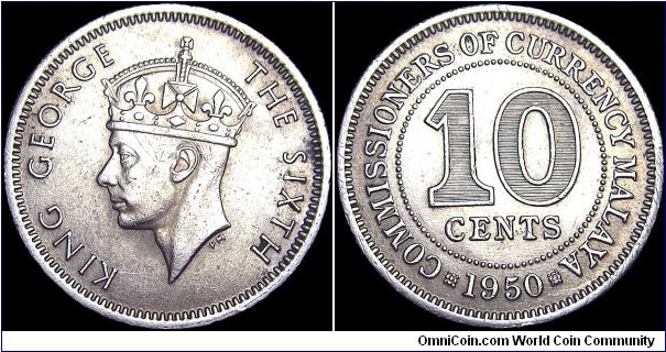Malaya - Malaysia - 10 Cents - 1950 - Weight 2,85 gr - Copper-Nickel - Size 19,5 mm - Thickness 1,4 mm - Alignment Medal (0°) - Ruler / King George VI (1936-52) - Engraver Obverse / PercyMetcalfe - Edge : Reeded - Mintage 65 000 000 - Reference KM# 8 (1948-50)
