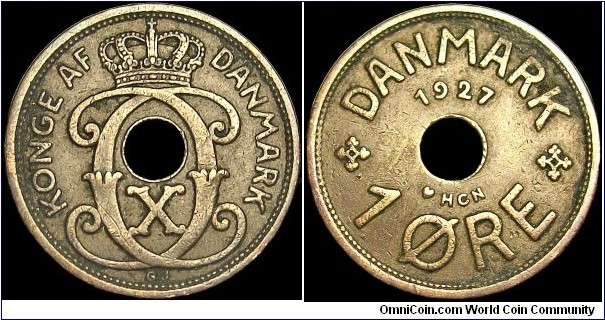 Denmark - 1 Öre - 1927 - Weight 1,9 gr - Bronze - Size 16 mm - Alignment Medal (°) - Ruler / King Christian X (1863-1906) - Mintmark Heart = Copenhagen - Edge : Smooth - Reference KM# 826.2 (1926-40)