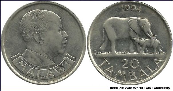 Malawi 20 Tambala 1994 - President Dr. Hastings Kamuzu Banda