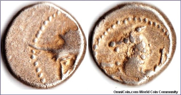 silver denier of the Allobroges, a celtic tribe in France whose territory was centred in the Vienne - Geneva area. Obverse helmeted bust to left. Reverse hypocampus. Both sides typically poor;y centred `off-flan' strikes.