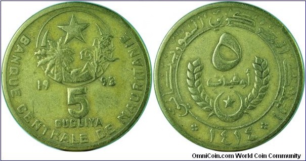 Mauritania5ouguiya-km3-(AH1414)1993