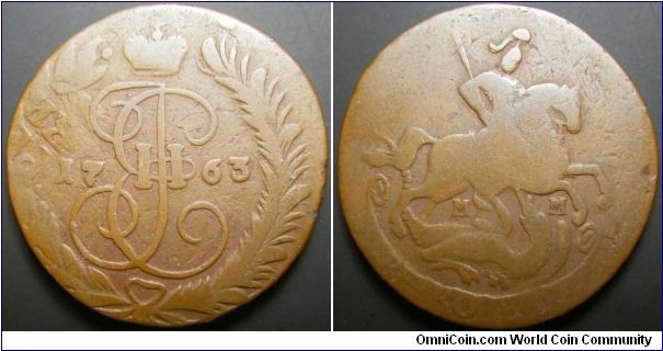 Russia 1763 2 kopek, struck in Moscow Mint. Overstruck over an offstruck 1762 4 kopek. Quite neat. Weight: 18.42g. 