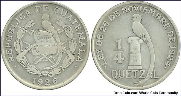 Guatemala ¼ Quetzal 1926