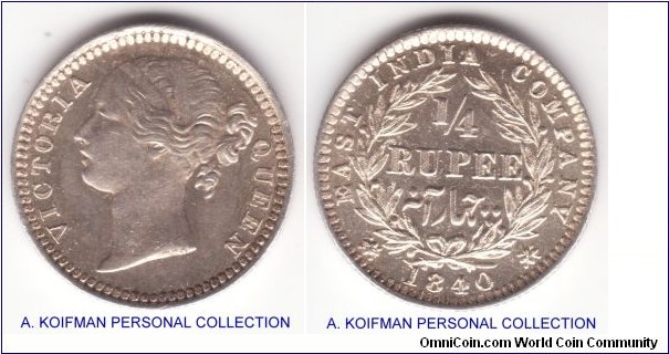 KM-453.3, 1840 British India (East India Company) 1/4 rupee, Madras mint, S on truncation, no dot after date; silver, reeded edge; somewhat dulled about uncirculated specimen, few scratches, mostly on obverse, reverse is really nice, proof like surfaces as seen.