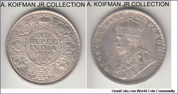 KM-522, 1926 British India half rupee, Calcutta mint; silver, reeded edge; George V, lustrous good extra fine to almost uncirculated.