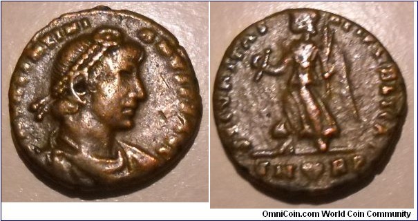 VALENTINIAN I
A.D. 364-375 	Æ 3, Obv. D N VALENTINIANVS P F AVG, Pearl diademed, draped and cuirassed bust right. Rev. SECV(RITAS REIPVBLICAE), Victory advancing left.