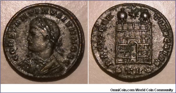 CONSTANTINE II,  Trier
RIC VII 479  AE Follis, 326 AD. CONSTANTINVS IVN NOB C, laureate, draped, cuirassed bust left / PROVIDEN-TIAE CAESS, campgate, 2 turrets, 6 layers, star above, no doors. Mintmark STR dot in crescent. RIC VII Trier 479