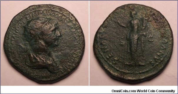 TRAJAN
A.D. 98-117 Æ Dupondius. Rev. SENAT(VS POPVLVSQVE) ROMANVS S C, Felicitas(roman god of happiness) standing left holding caduceus and cornucopiae. 11.7gm 28mm RIC 674