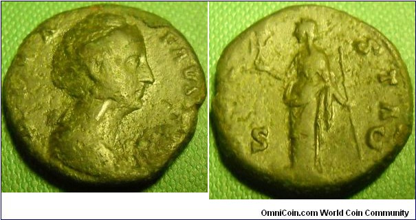 FAUSTINA SENIOR
Commemorative 	Æ As. Rev. AVGVSTA S C, Vesta standing left holding palladium and sceptre. RIC 1179