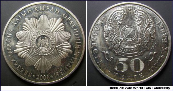 Kazakhstan 2006 50 tenge feature Star of Altyn Kyran insignia. 