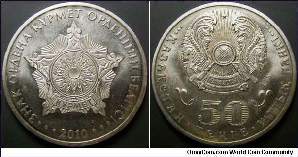 Kazakhstan 2010 50 tenge featuring Sign of Kurmet insignia. 